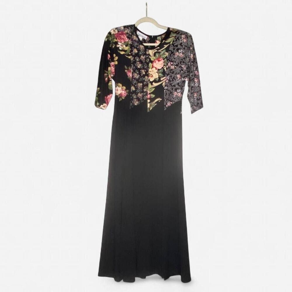 Sheri Martin Black Floral Maxi Dress with 3/4 Sleeves and High Neck Size 6